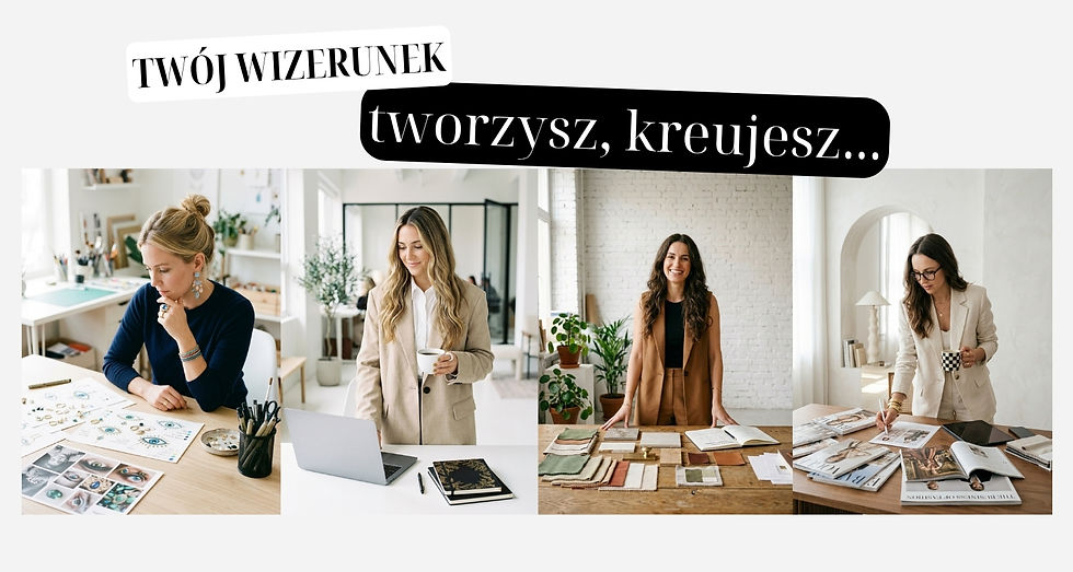 Alt tekst: Kolaż czterech zdjęć przedstawiających kobiety przy pracy twórczej: projektantkę biżuterii, kobietę z laptopem w marynarce, projektantkę wnętrz przy próbnikach tkanin oraz stylistkę przeglądającą magazyny modowe. Napis: Twój wizerunek – tworzysz, kreujesz...