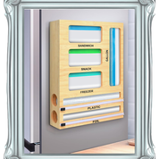 Magnetic food bag storage organizer mounted on fridge, holds gallon and sandwich bags — kitchen organization for busy moms