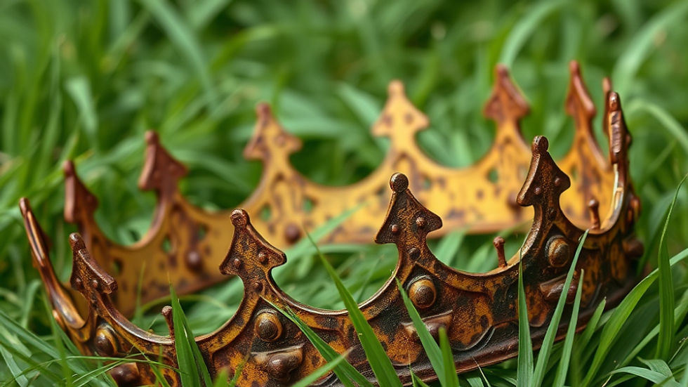 rusty kings crown laying on a bed of green grass