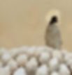 A figure in a robe with a halo walks among a flock of sheep. The background is a textured beige, giving a serene and peaceful mood.