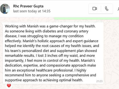 Praveer testimonial mentions his improvement in diabetes, fatty liver and sleep issues