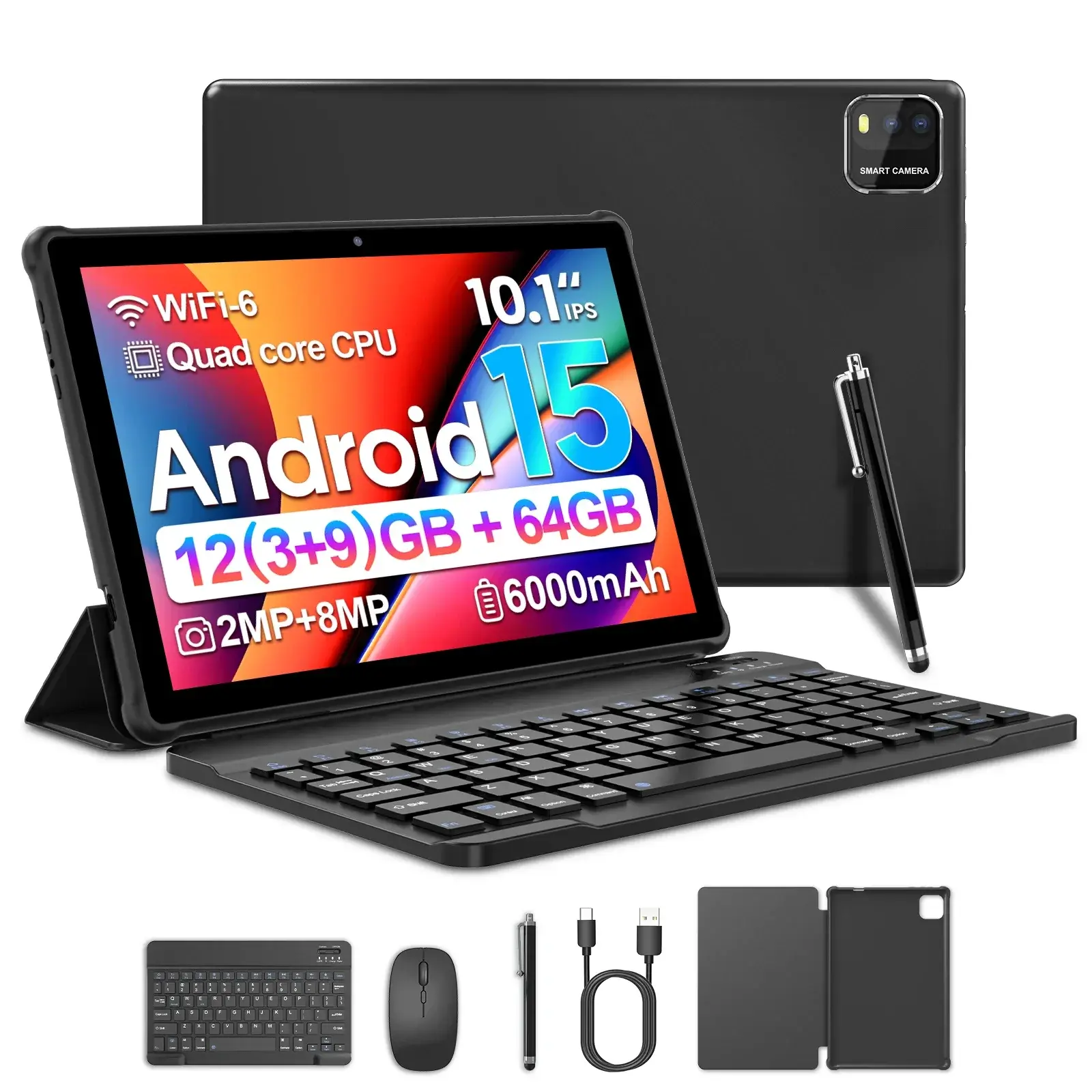 BAKEN 10-Inch Android 15 Tablet, Quad-Core Processor, 12GB (3+9 Expansion) RAM +