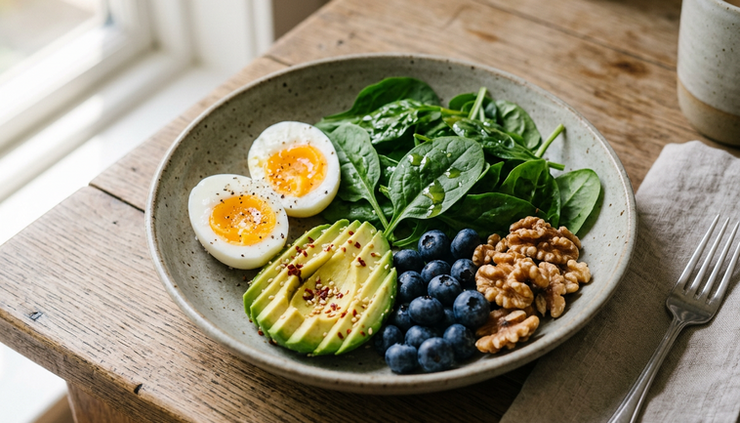 Close-up view of a simple plate with eggs, avocado, berries, and nuts