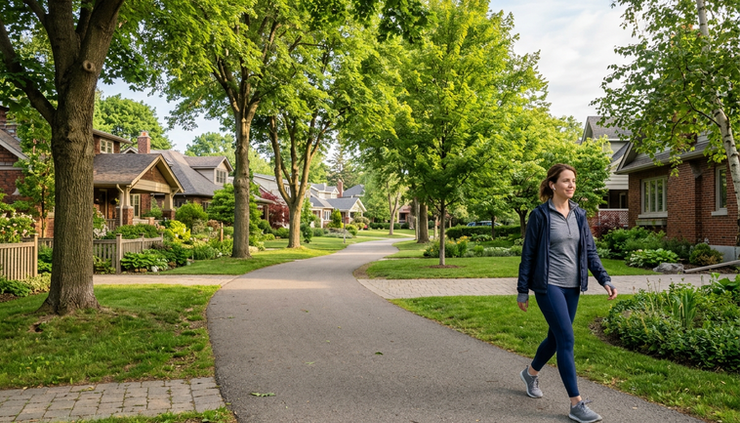 Wide-angle view of a person walking on a quiet neighborhood path in morning sunlight