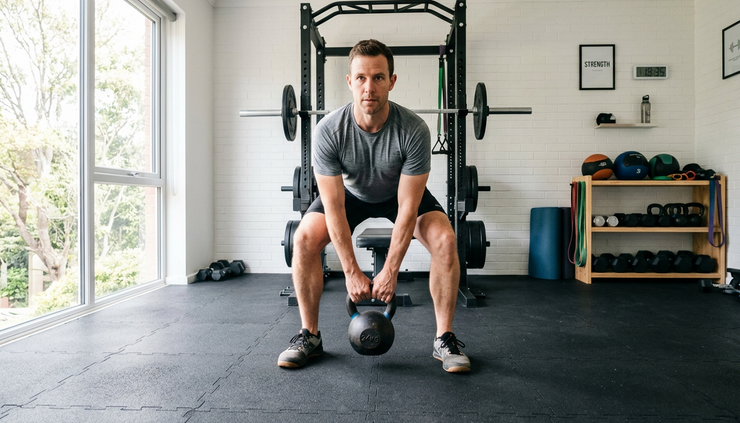 Wide-angle view of a man lifting a kettlebell in a home gym