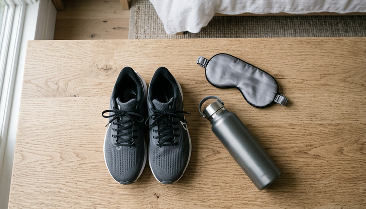 Overhead view of running shoes, a water bottle, and a sleep mask on a bedroom floor
