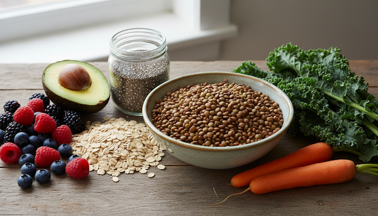 Close-up of colorful fiber-rich foods arranged on a wooden kitchen counter.
