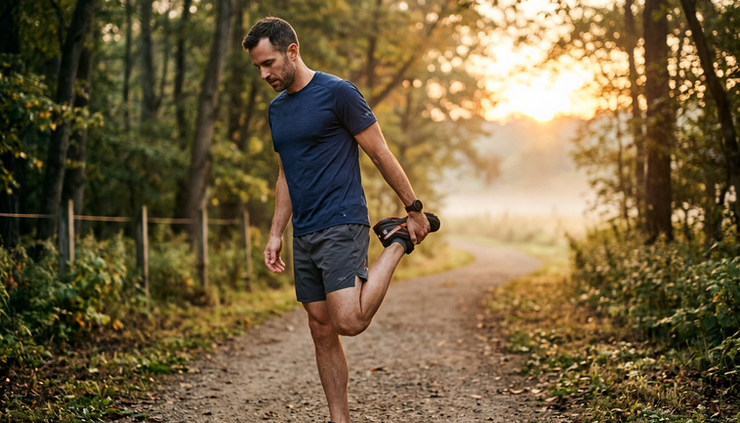 Eye-level view of a man stretching outdoors at sunrise