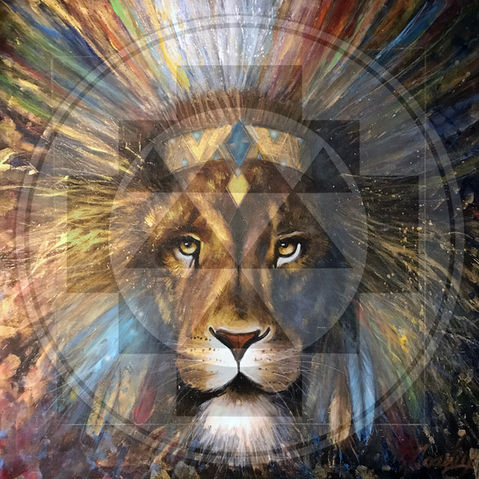 Visionary painting of a Lions head with tribal headdress and sacred geometry.