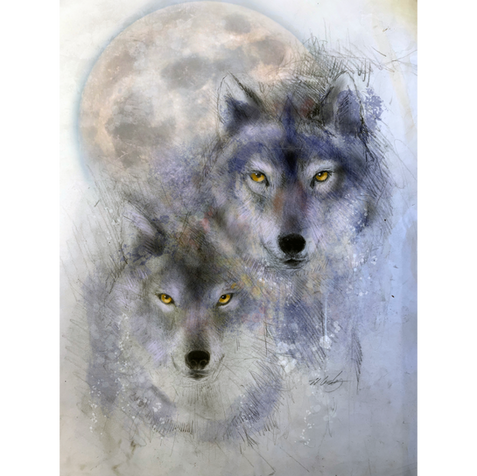 Soulmates - Painting of a male and a female wolf in front of a silvery moon.