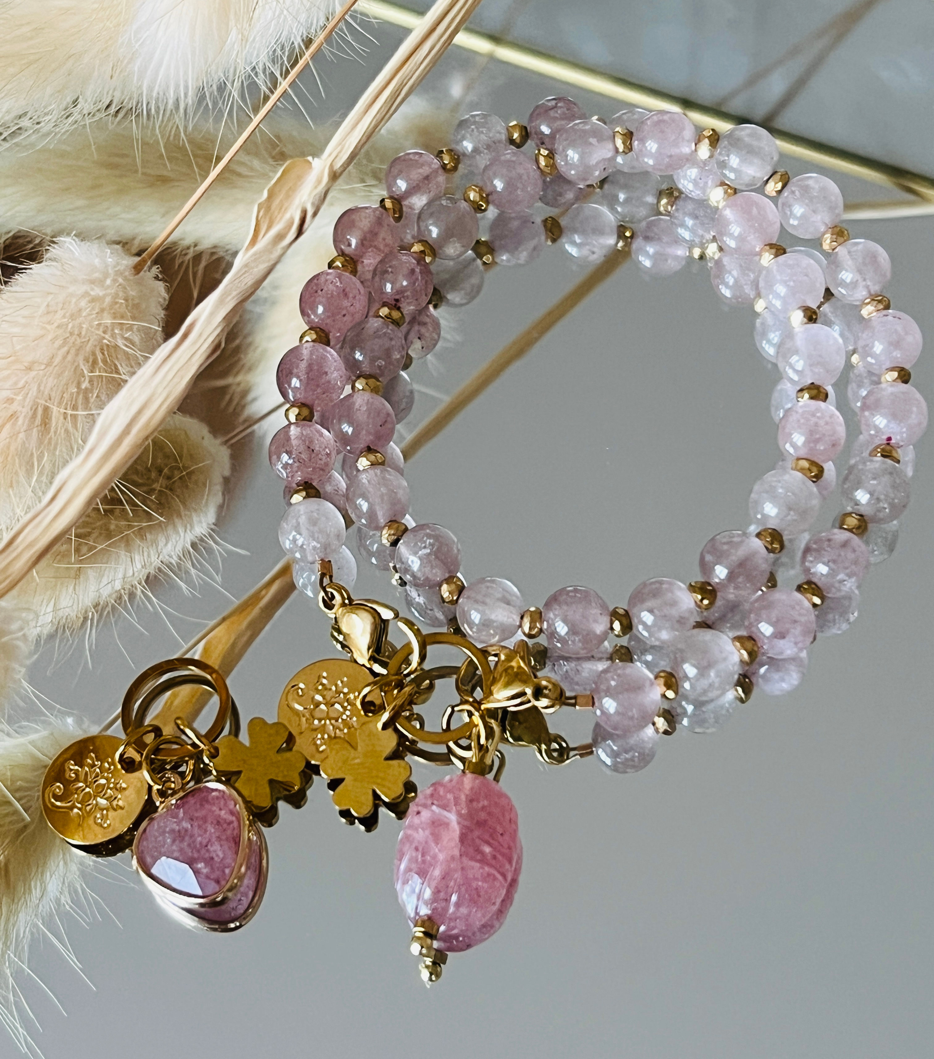 Bracelet double gamme Bonnie avec fermoirs en Quartz fraise