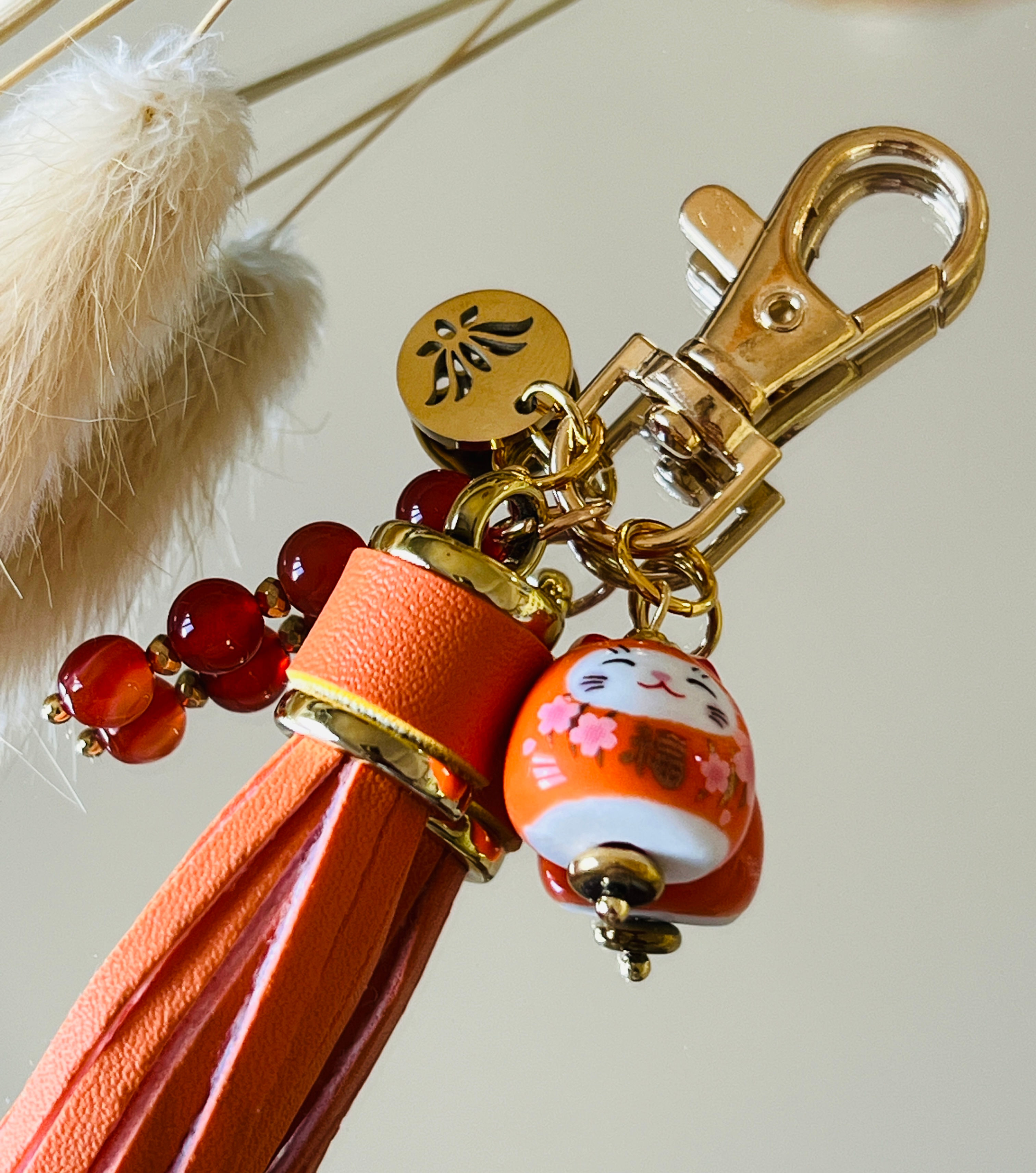 Bijou de sac porte-bonheur chat - Maneki Neko Orange