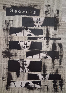 Secrets, mixed media, A3, 2026 Black and white analogue collage with fragmented female portraits partially covered by bold black paint blocks on a text-based background.