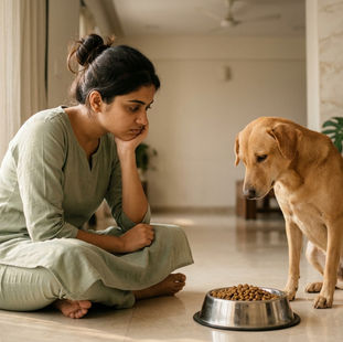 Indian pet parent sitting beside a dog not eating food