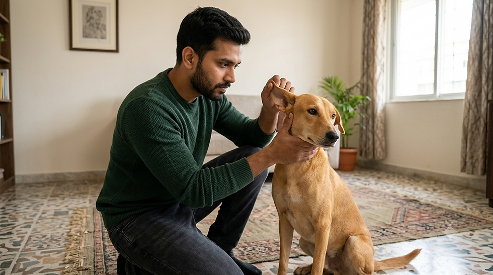 Pet parent checking his dog's ear for skin irritation at home in India