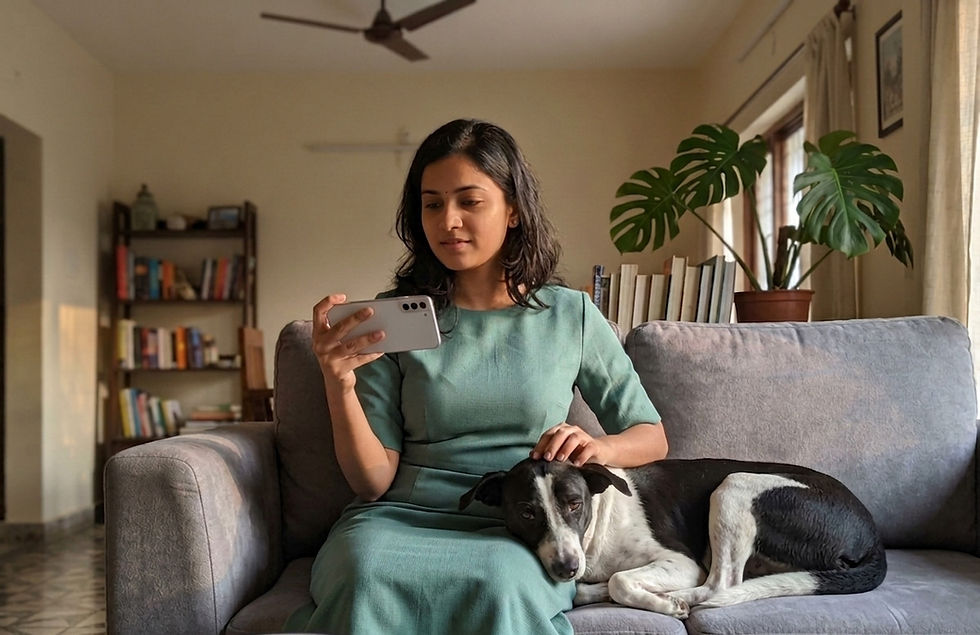 Indian woman doing ZOOCO online vet consultation using her phone while sitting beside an unwell dog at home during a possible dog vomiting or loss of appetite situation