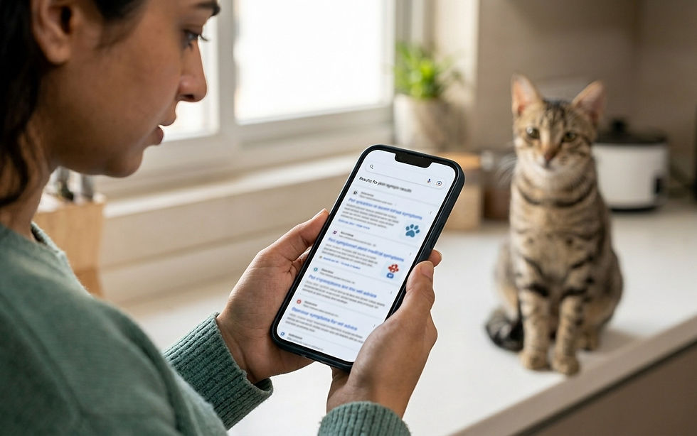 Pet parent scrolling confusing search results on phone while cat sits nearby
