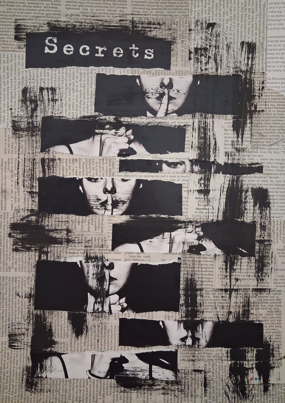 Black and white analogue collage with fragmented female portraits partially covered by bold black paint blocks on a text-based background.