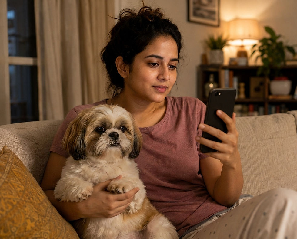 Indian woman holding a small dog while checking an online vet consultation on her phone at home during a late-night pet health concern