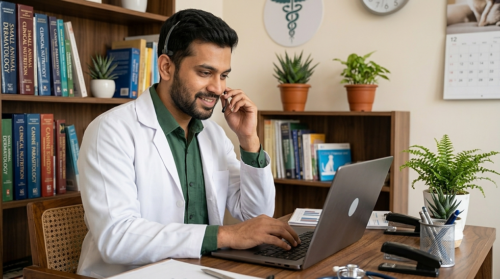 Licensed veterinarian responding to an online pet consultation from a desk