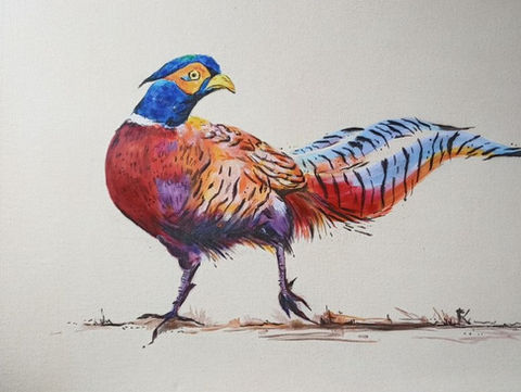 A vibrant acrylic painting of a pheasant, capturing movement, texture, and color variation.
Acrylic animal painting, pheasant artwork, colorful wildlife art, contemporary animal painting.