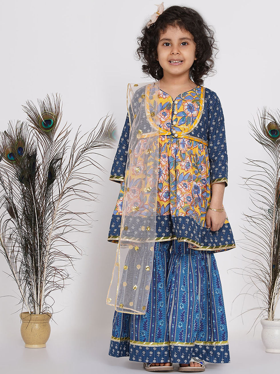 Girls Floral Kurta with Indigo Floral Jacket with Sharara and Dupatta in Yellow