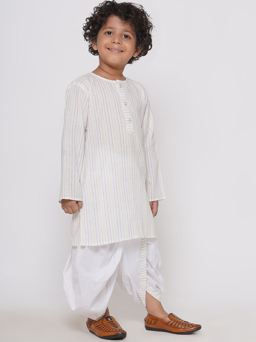 Thumbnail: Little Bansi Boys Multi Color Thread Work Kurta with Pearl buttons & Dhoti