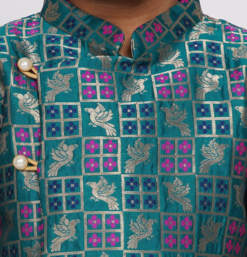 الصورة المصغرة: Boys Peacock Banarsi Sherwani with Pyjama - Peacock Green and Beige