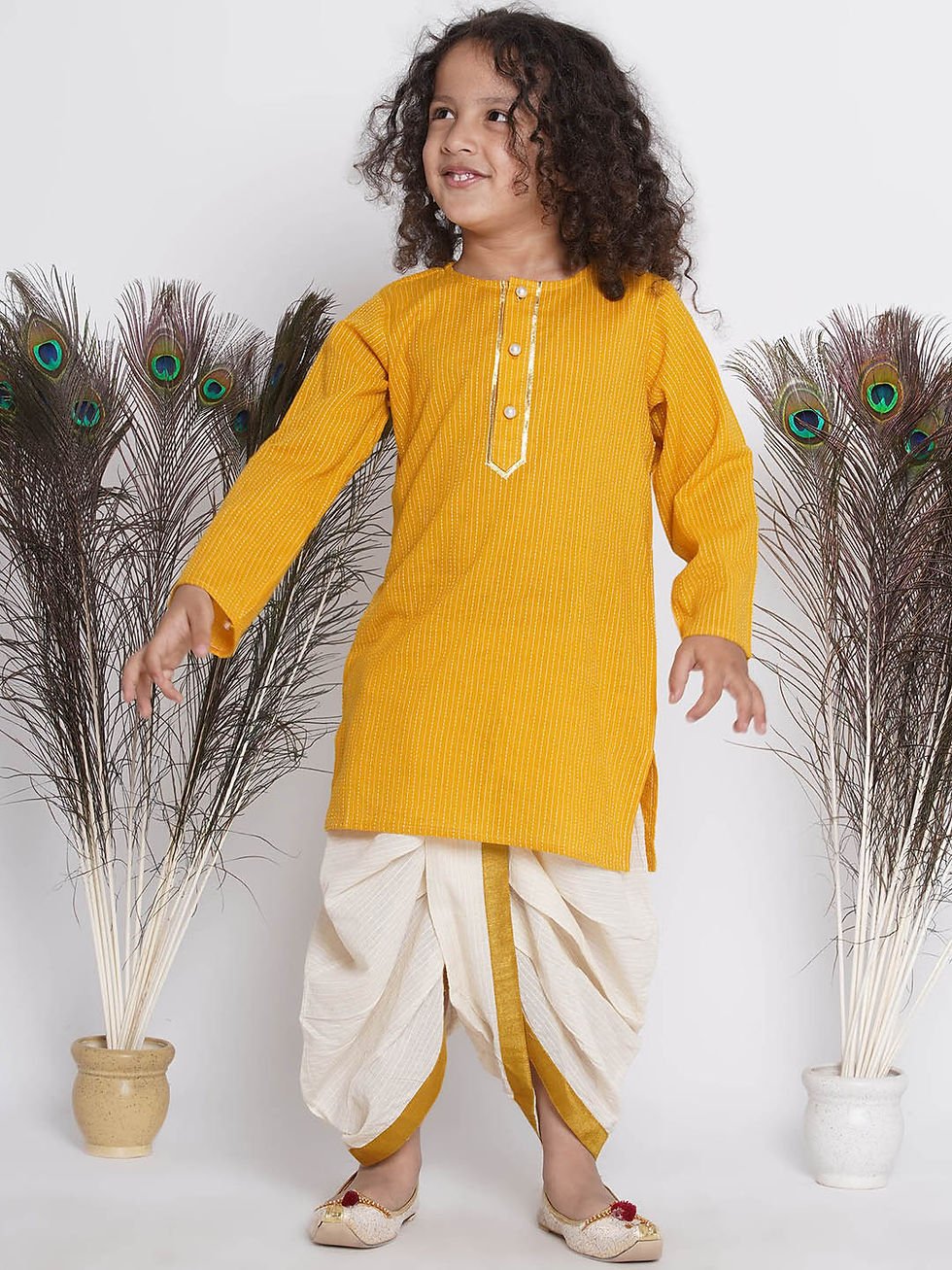 Thumbnail: Boys Jaipuri thread work Kurta with Floral Embroidery Jacket and Dhoti