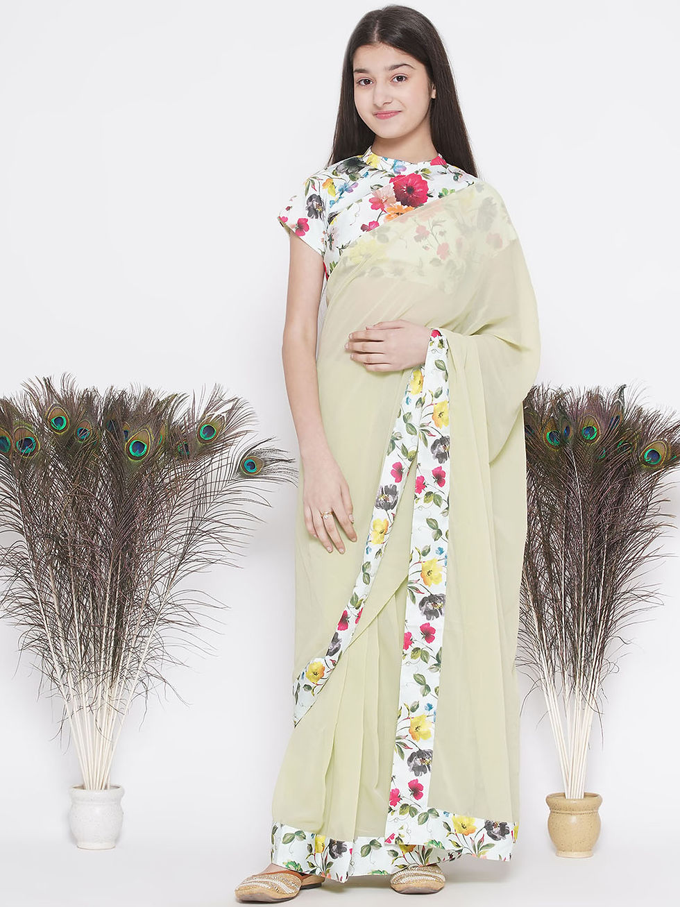 Thumbnail: Girls Floral Printed Blouse with Ready-to-Wear Saree - Apple Green
