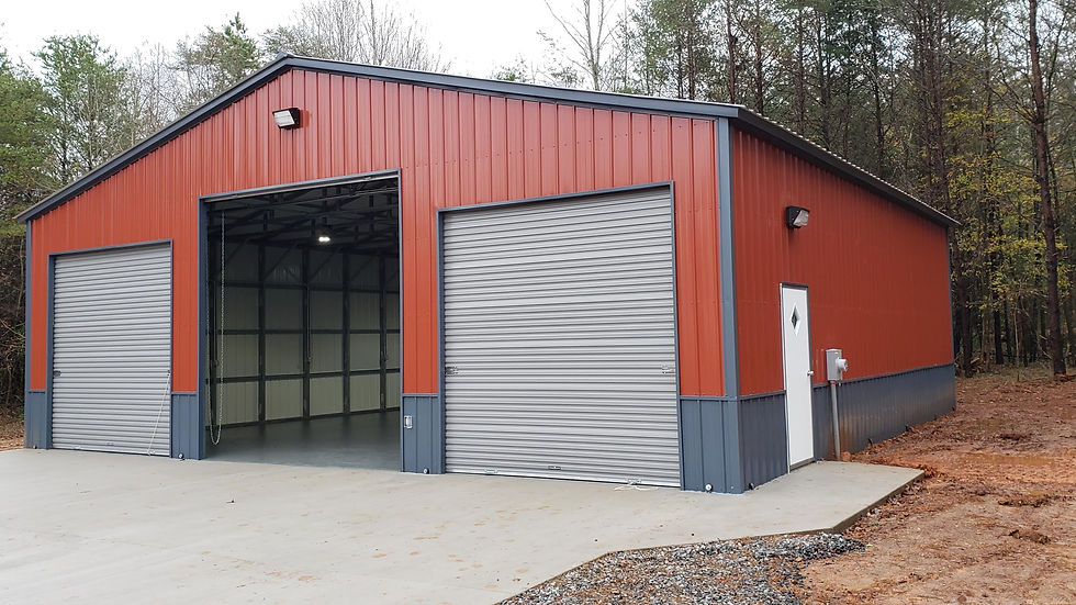 Eye-level view of a hurricane-ready steel building protecting vehicles and equipment