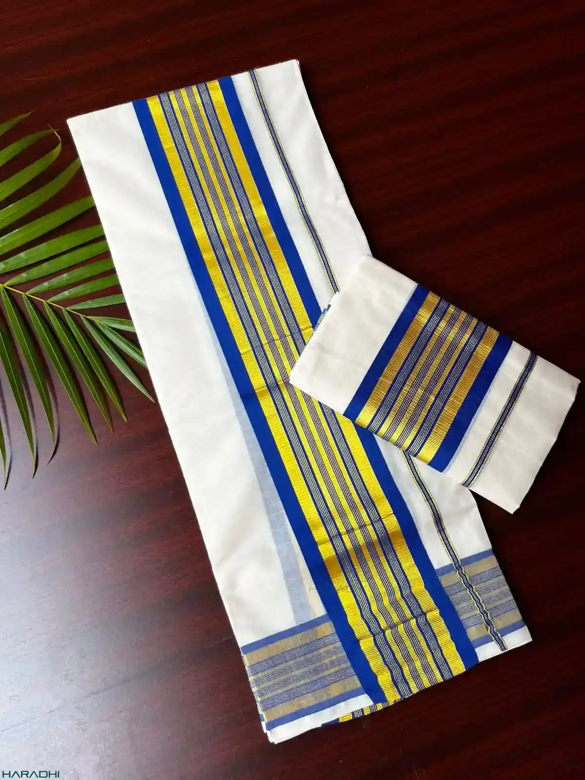 Egyptian Blue Kasavu Kara Pure Cotton Setmundu Partially Folded Side View