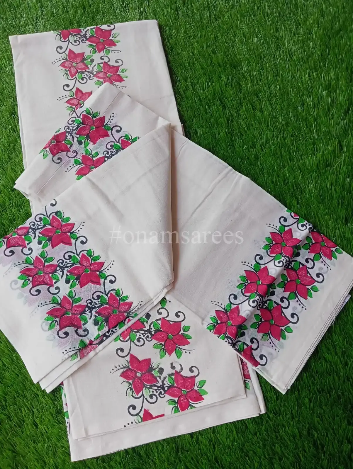 Red Floral Designer Cotton Kuthampully Setmundu top view