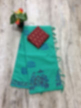 Ocean Green Jaipur Block Print Tussel Cotton Saree with Blouse Main View