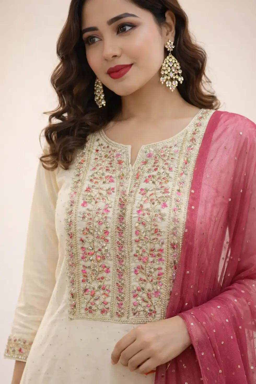 Thumbnail: Haradhi Kasavu Straight Kurta Set with Pant and Dupatta for Women closeup view