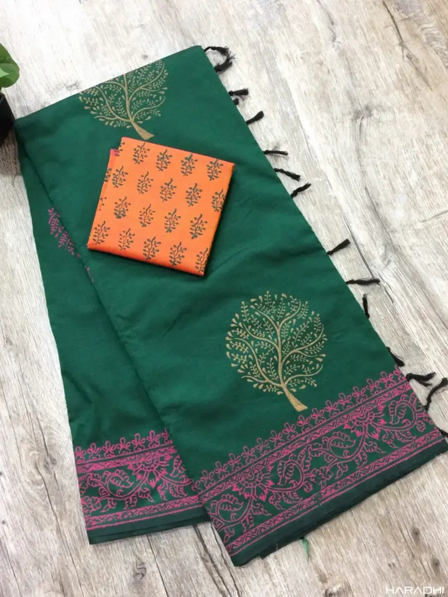 Thumbnail: Hara Tree Creeper Jaipur Block Print Tussel Cotton Saree with Designer Blouse