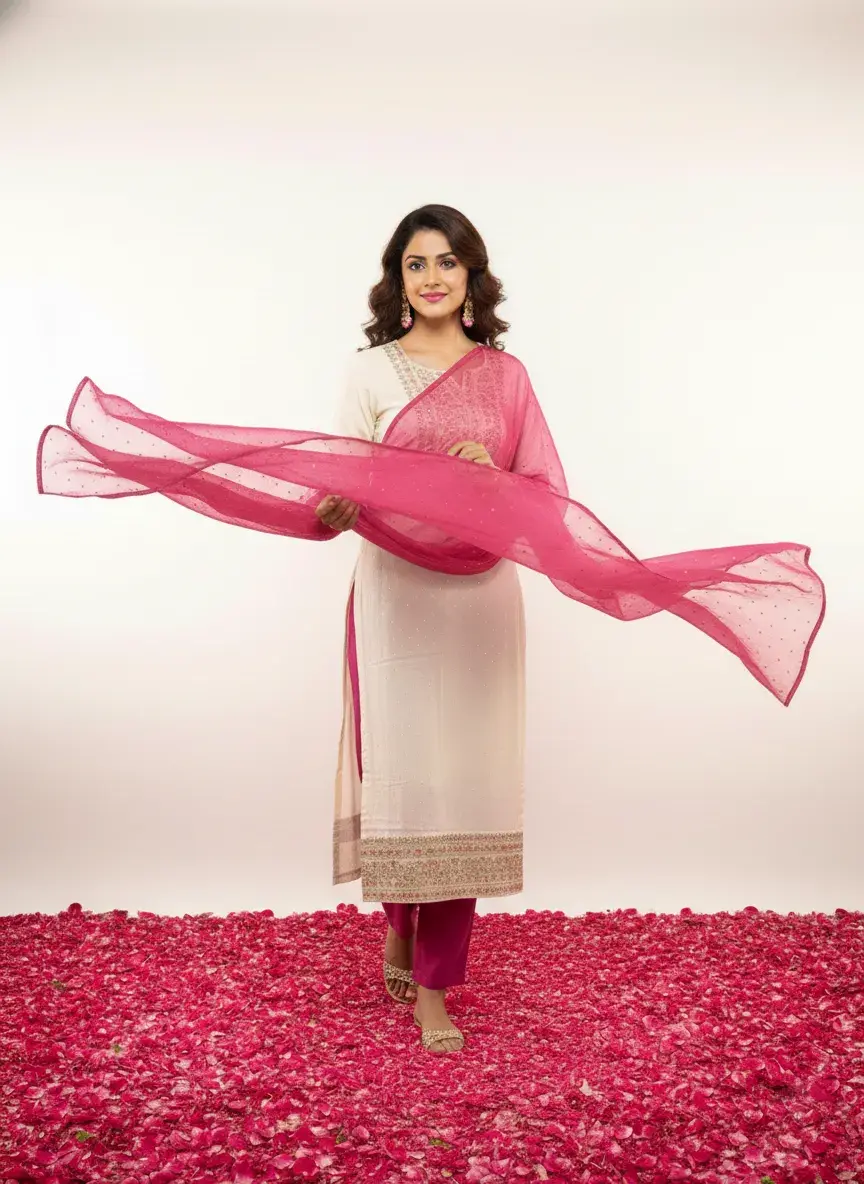 Haradhi Kasavu Straight Kurta Set with Pant and Dupatta for Women front throw view