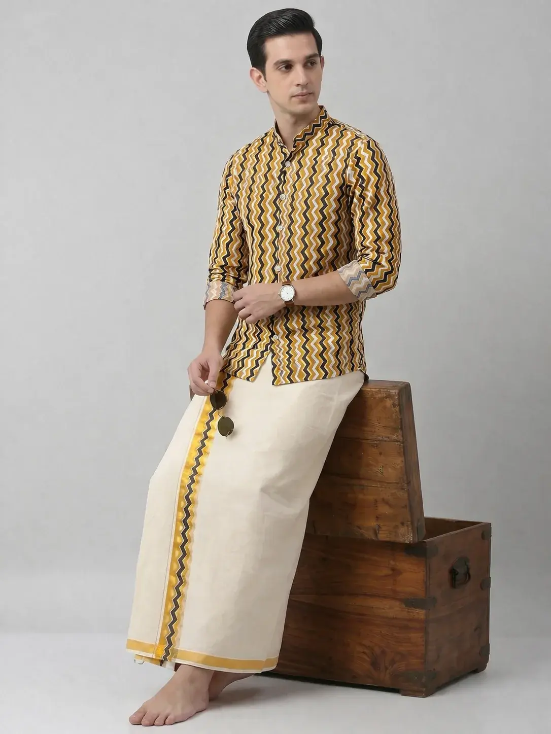Mens Zigzag Ajrak Shirt and Kasavu Mundu Combo Set