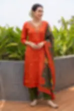 Rust Orange Premium Roman Silk Hand Work Kurta Set Stitched front view