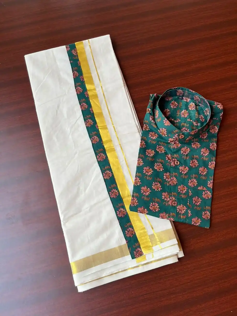 Thumbnail: Cadmium Green Flower Ajrak Kasavu Mundu and Shirt Combo Set