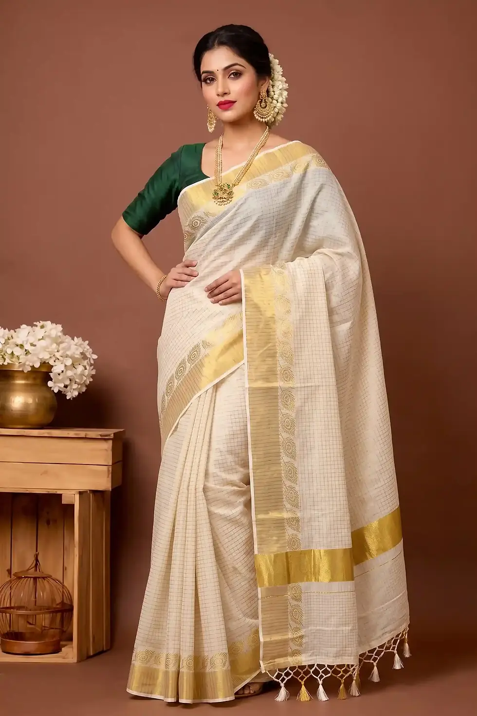 Golden Peacock Jacquard Check Tussel Cotton Kerala Kasavu Saree with Blouse image main view