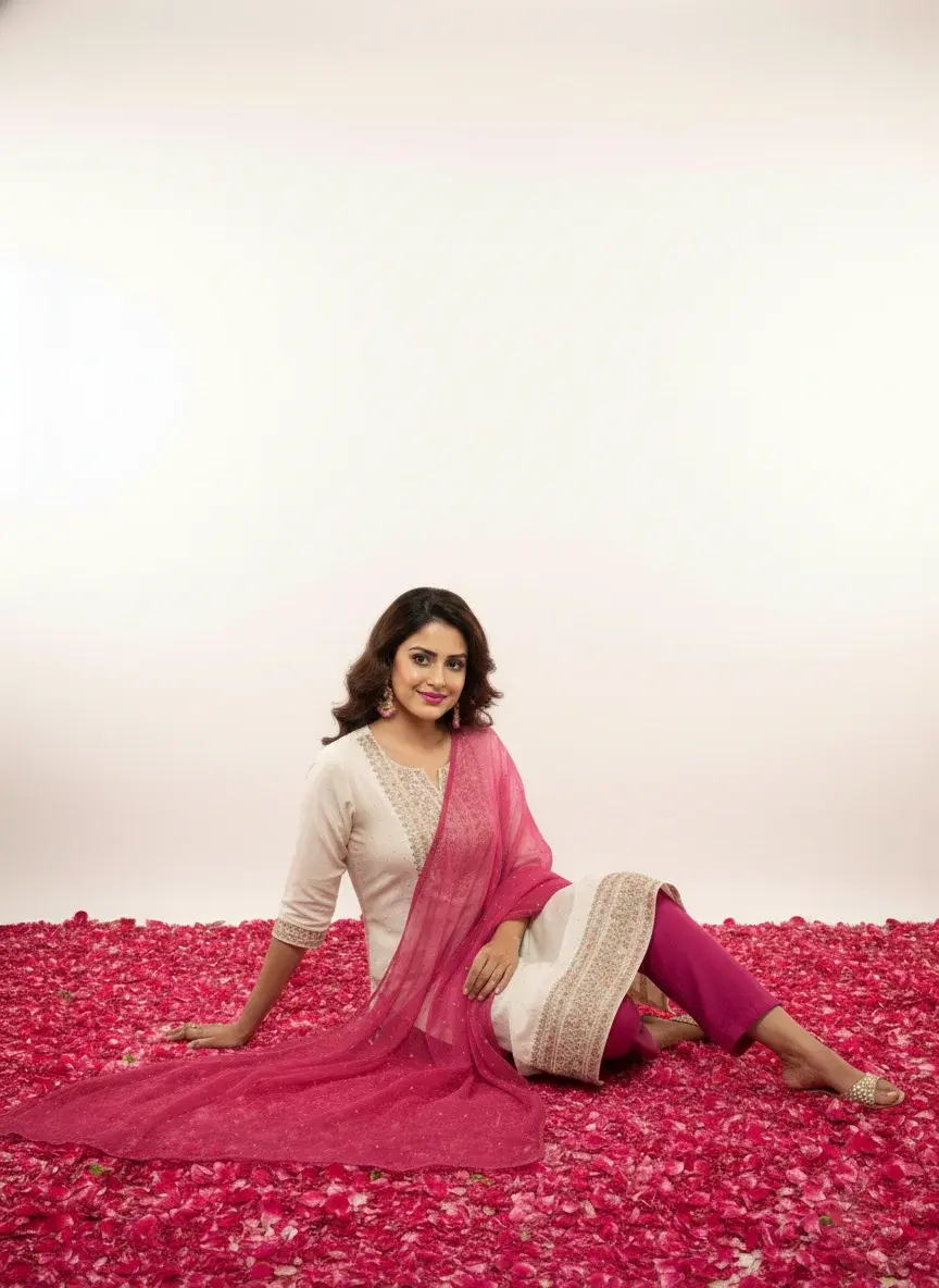 Thumbnail: Haradhi Kasavu Straight Kurta Set with Pant and Dupatta for Women sitting positing view