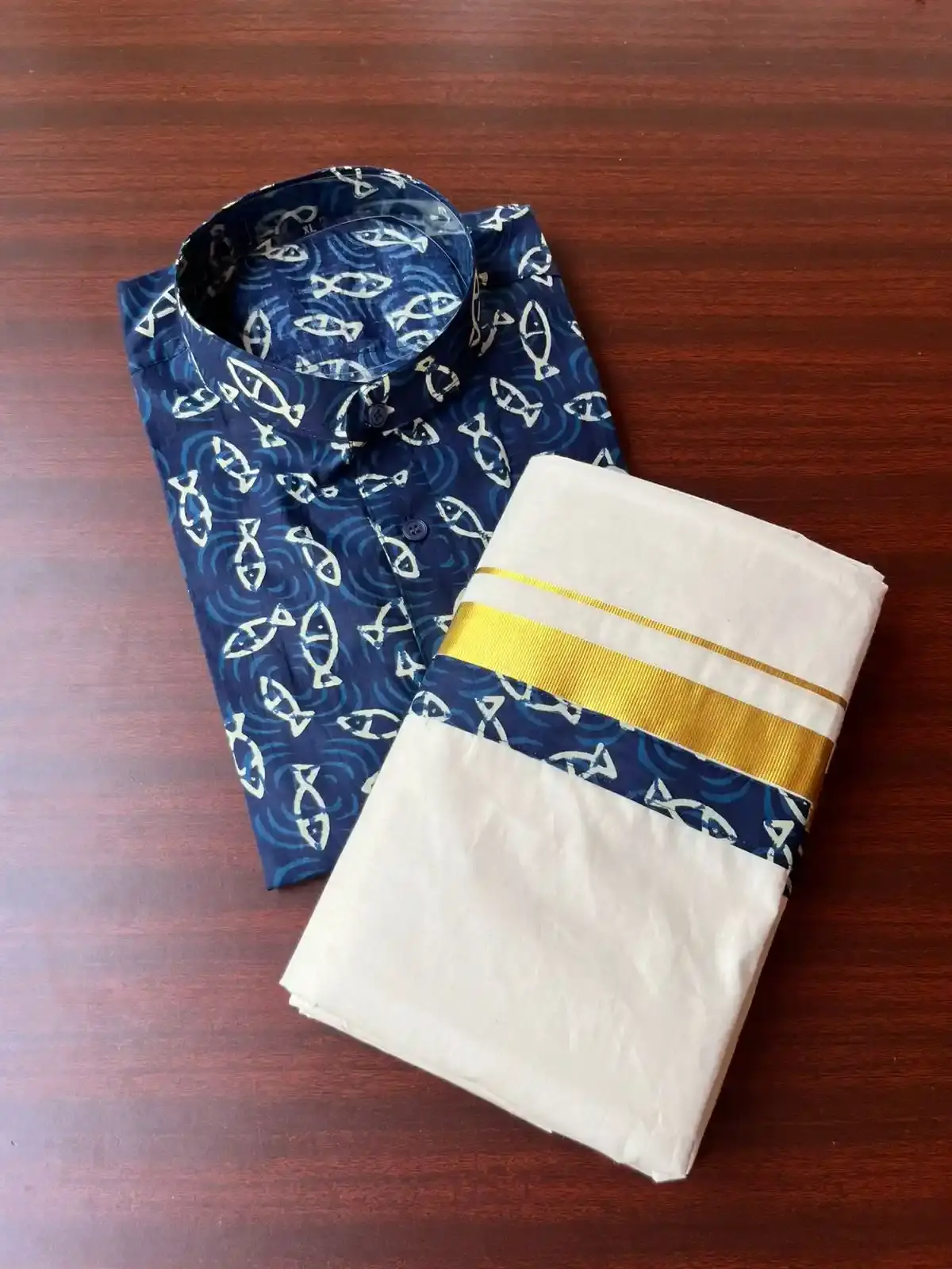 Blue Fish Ajrak Kasavu Mundu and Shirt Combo Set