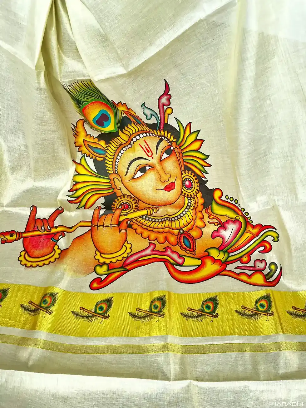 Thumbnail: Flute Krishna Mural Kerala Tissue Saree with Stone Work Blouse Piece