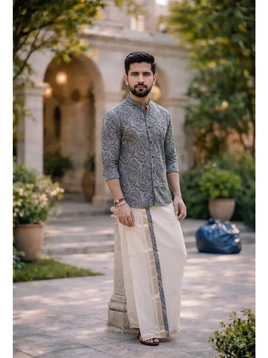 Thumbnail: Silver Black Creeper Ajrakh Shirt and Double Mundu Dhoti Combo Set