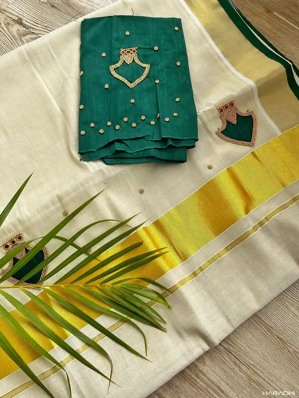 Thumbnail: Royal Green color Palaka design kerala tissue saree pallu view