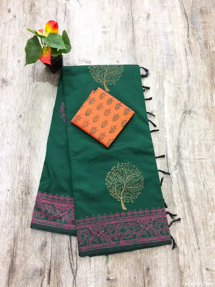 Thumbnail: Hara Tree Creeper Jaipur Block Print Tussel Cotton Saree with Designer Blouse