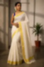Block pattern kasavu saree model worn view