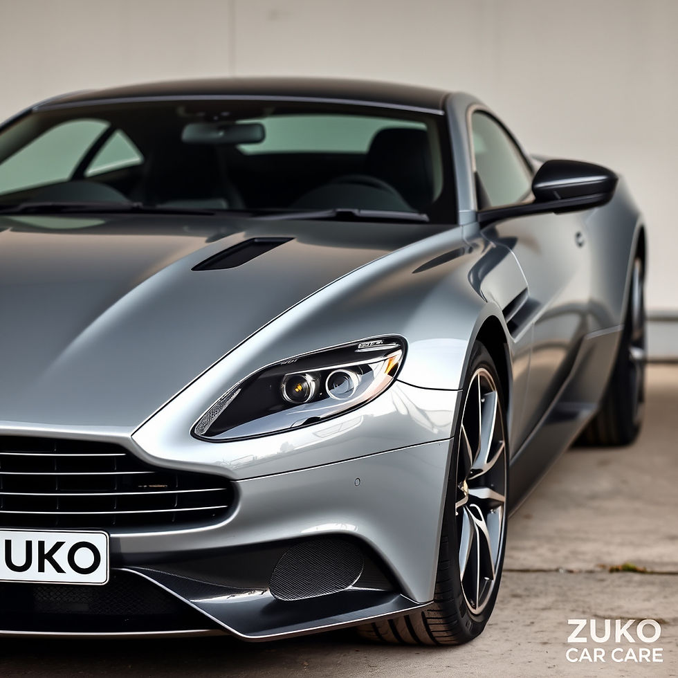 A grey coloured Aston Martin with similar light grey coloured background with closeup at b