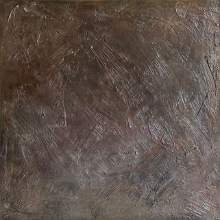 Textured abstract in warm bronze and umber tones with urgent, layered mark-making evoking deep interior knowing and embodied memory.